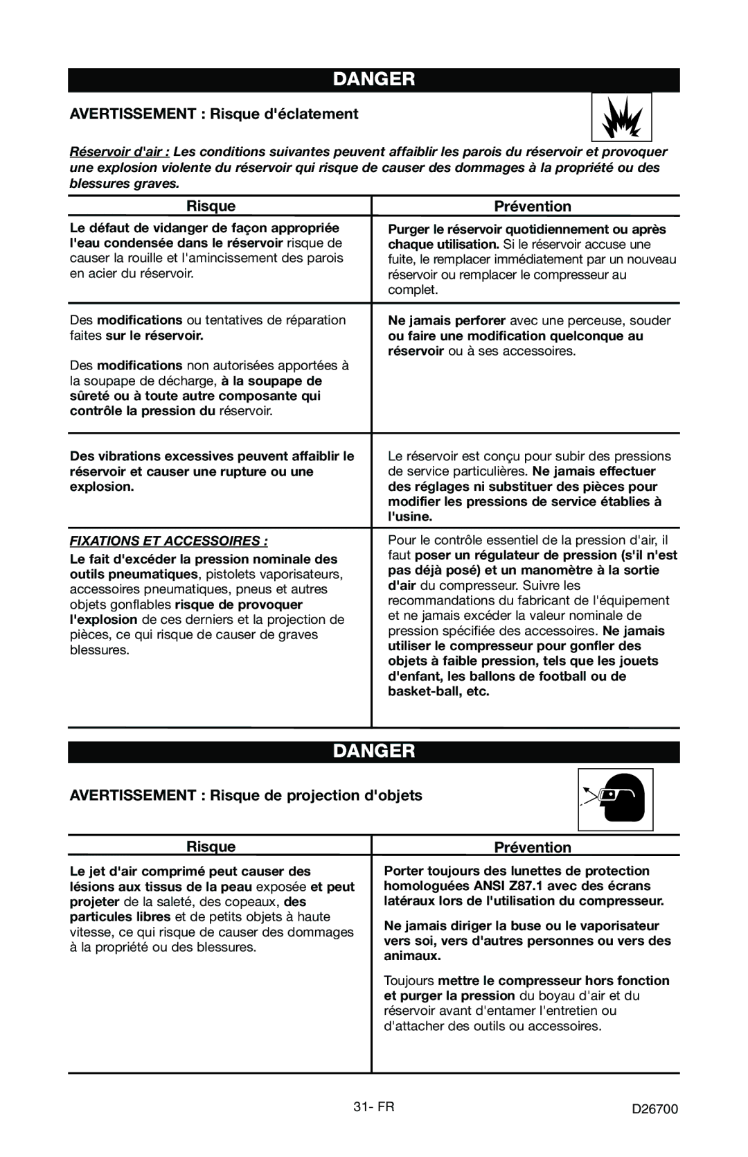 Craftsman 919.7243 Avertissement Risque déclatement, Risque Prévention, Avertissement Risque de projection dobjets 