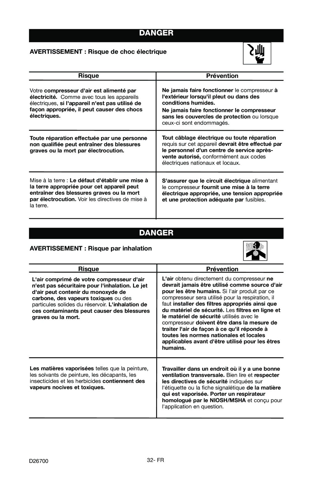 Craftsman 919.7243 owner manual Avertissement Risque de choc électrique, Avertissement Risque par inhalation 