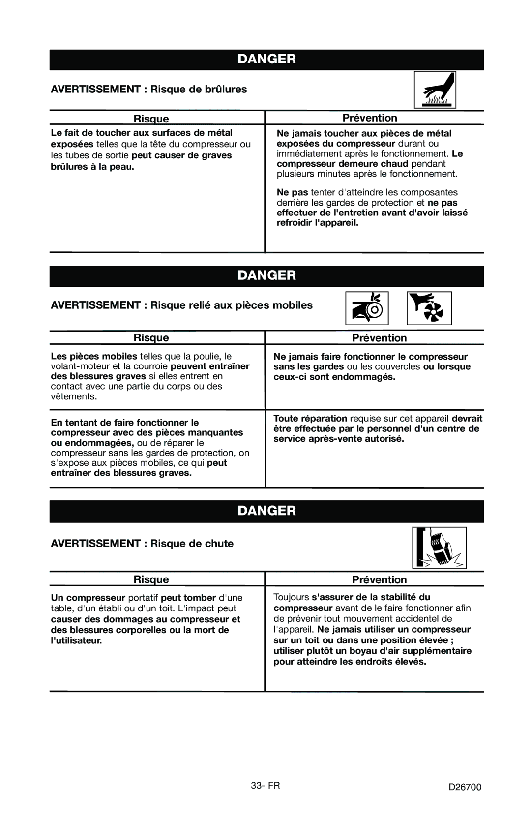 Craftsman 919.7243 owner manual Avertissement Risque de brûlures, Avertissement Risque relié aux pièces mobiles 