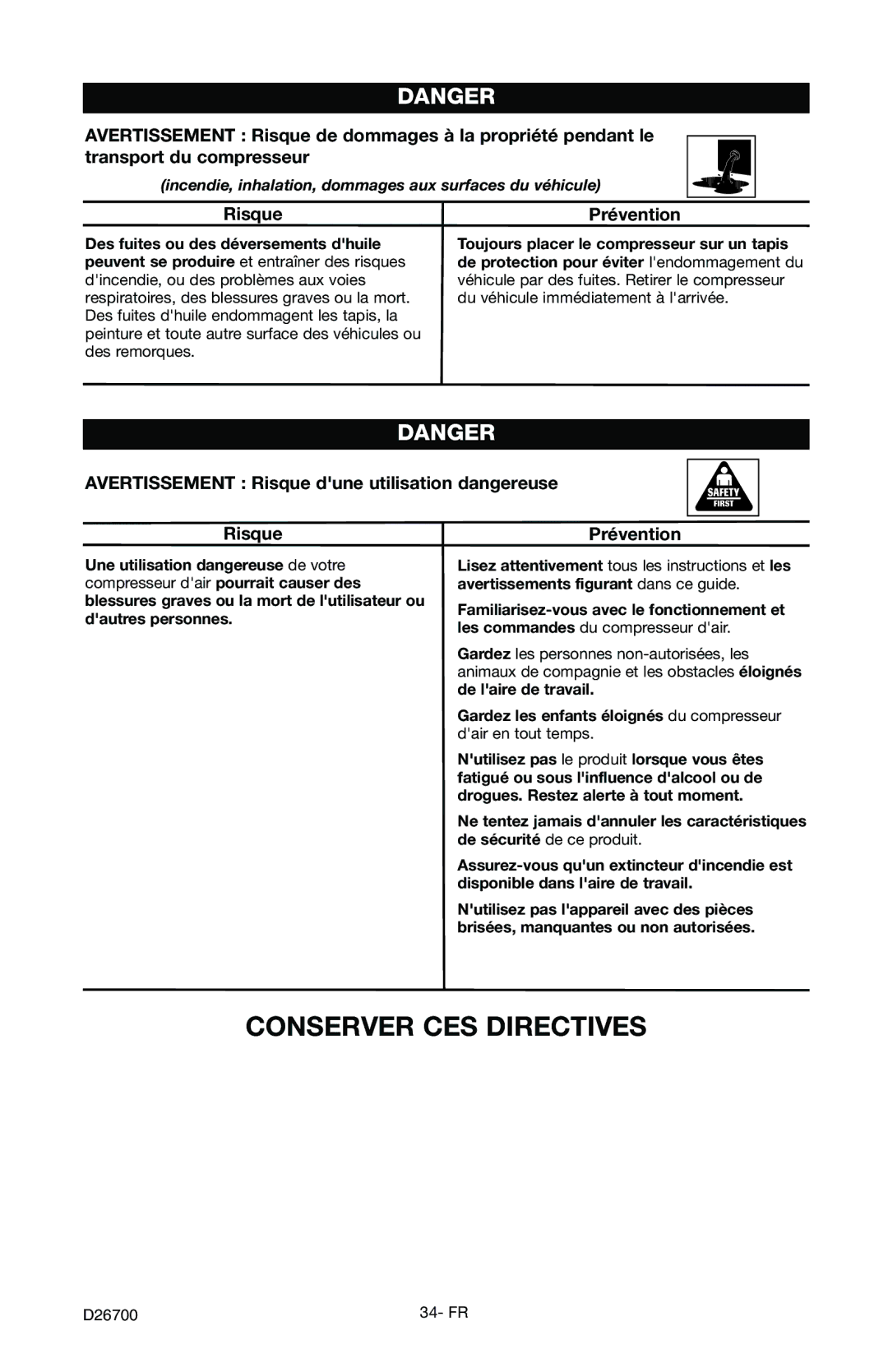 Craftsman 919.7243 owner manual Avertissement Risque dune utilisation dangereuse 