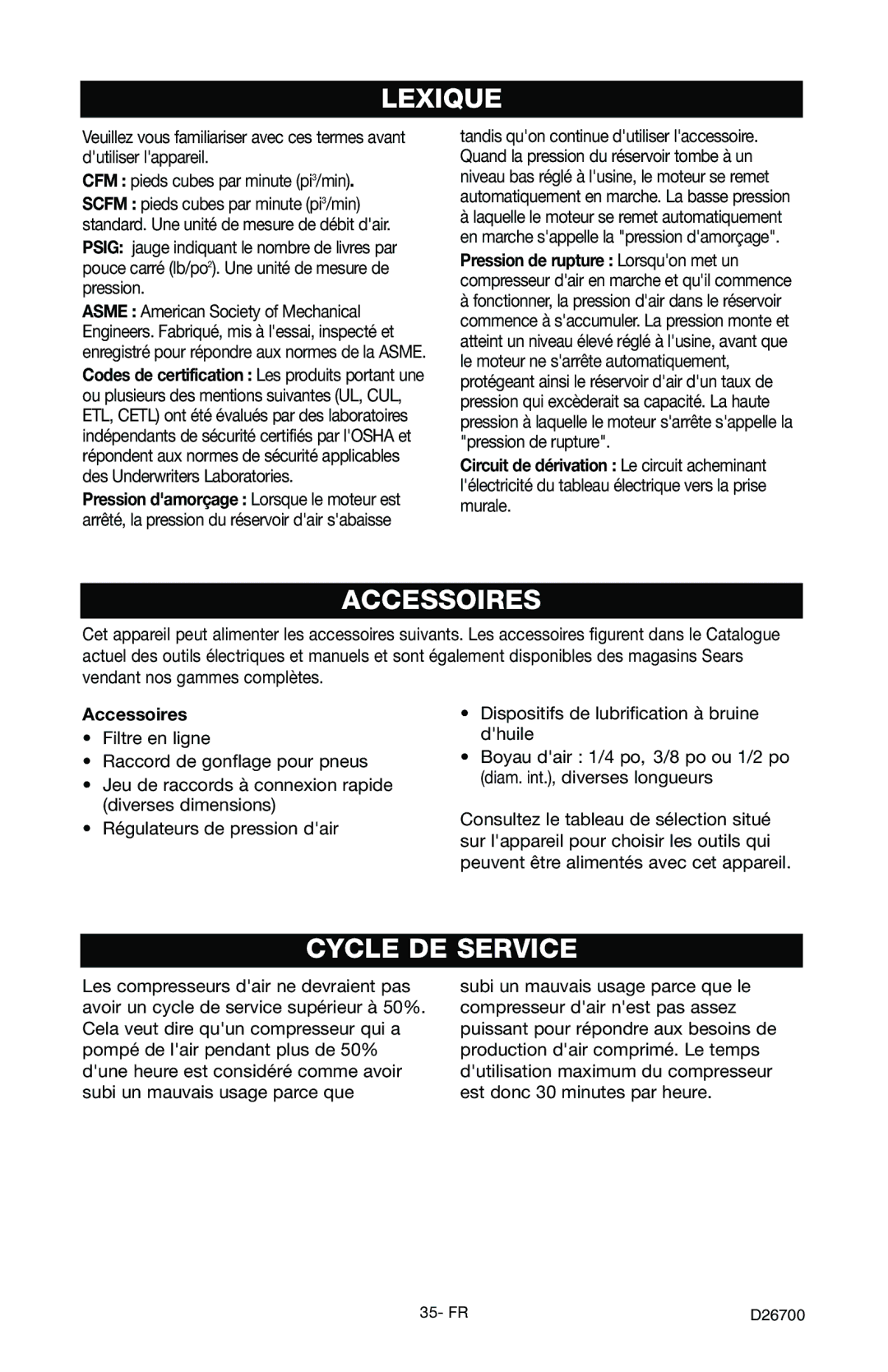 Craftsman 919.7243 owner manual Lexique, Accessoires, Cycle DE Service 