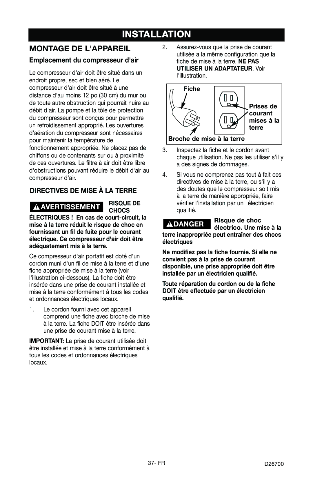 Craftsman 919.7243 owner manual Emplacement du compresseur dair, Terre inappropriée peut entraîner des chocs électriques 