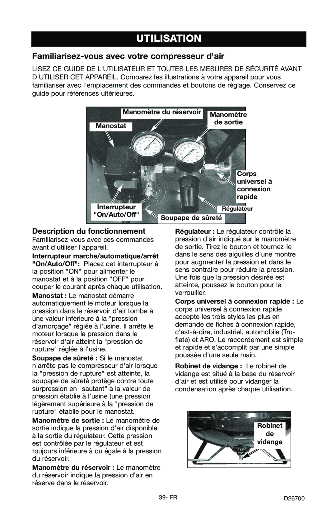 Craftsman 919.7243 owner manual Utilisation, Familiarisez-vous avec votre compresseur dair, Description du fonctionnement 