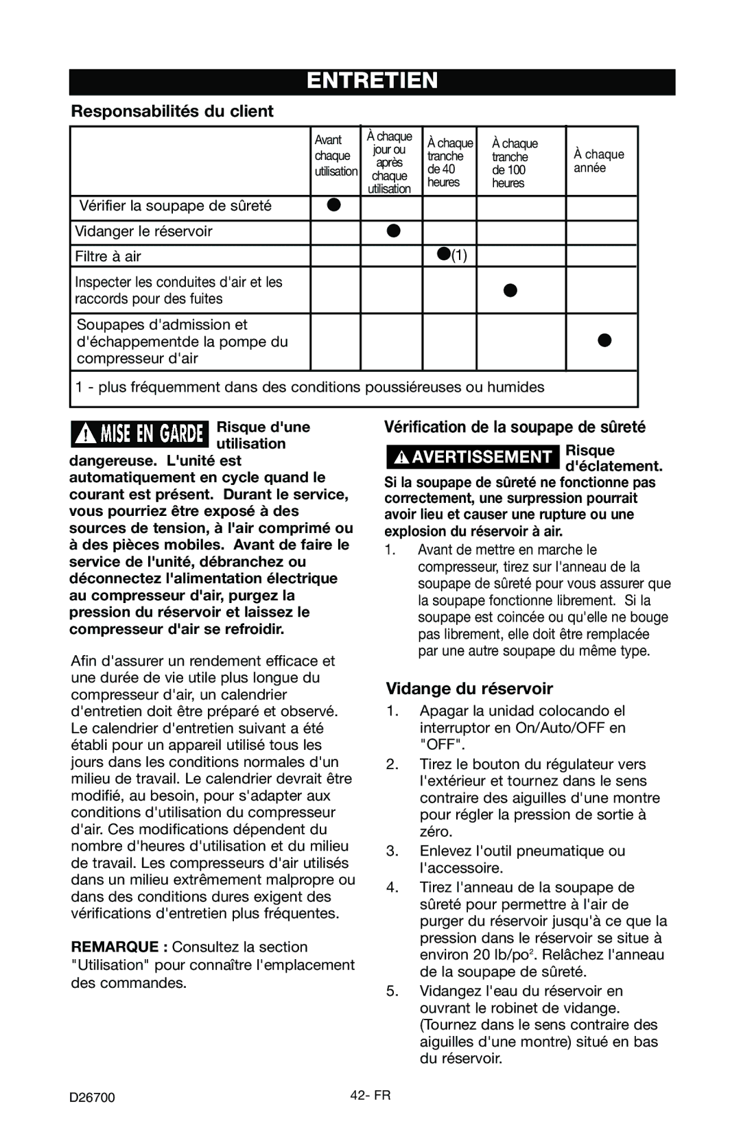 Craftsman 919.7243 Entretien, Responsabilités du client, Vérification de la soupape de sûreté, Vidange du réservoir 