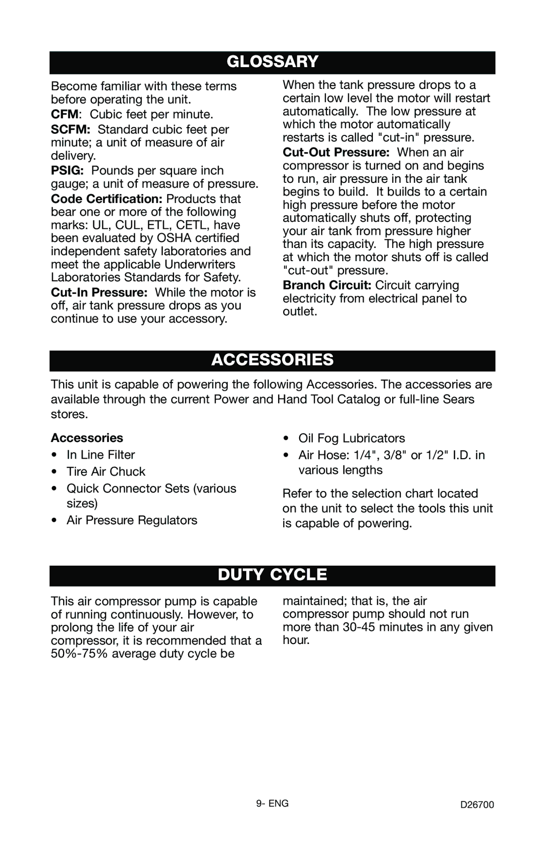 Craftsman 919.7243 owner manual Glossary, Accessories, Duty Cycle 