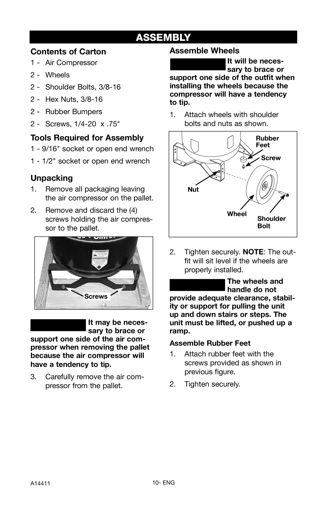 Craftsman 919.724321 owner manual Contents of Carton, Assemble Wheels, Tools Required for Assembly, Unpacking 