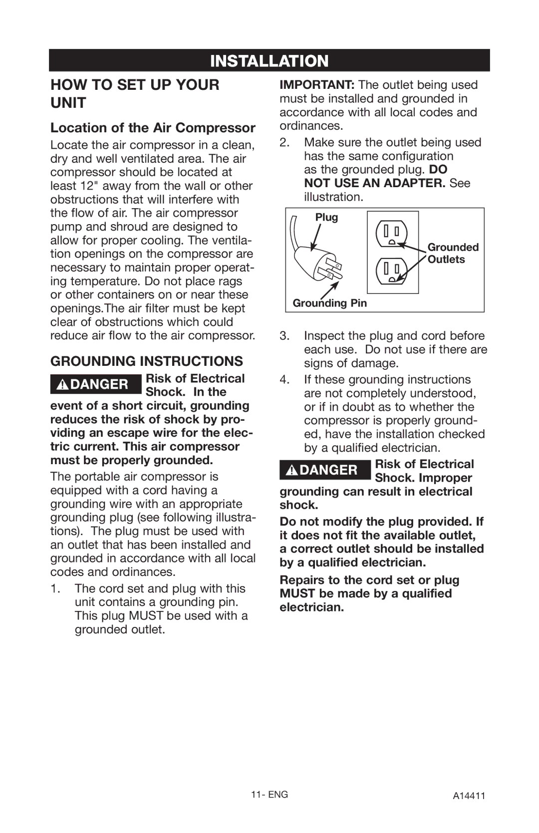 Craftsman 919.724321 owner manual Installation, Location of the Air Compressor, Illustration 