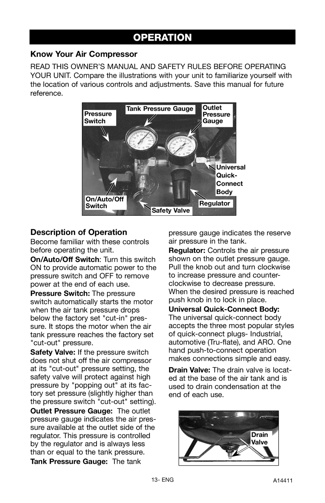 Craftsman 919.724321 owner manual Know Your Air Compressor, Description of Operation, Tank Pressure Gauge The tank 