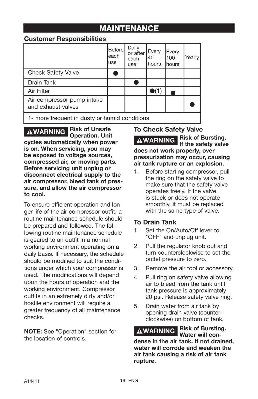 Craftsman 919.724321 owner manual Maintenance, Customer Responsibilities, To Check Safety Valve, To Drain Tank 