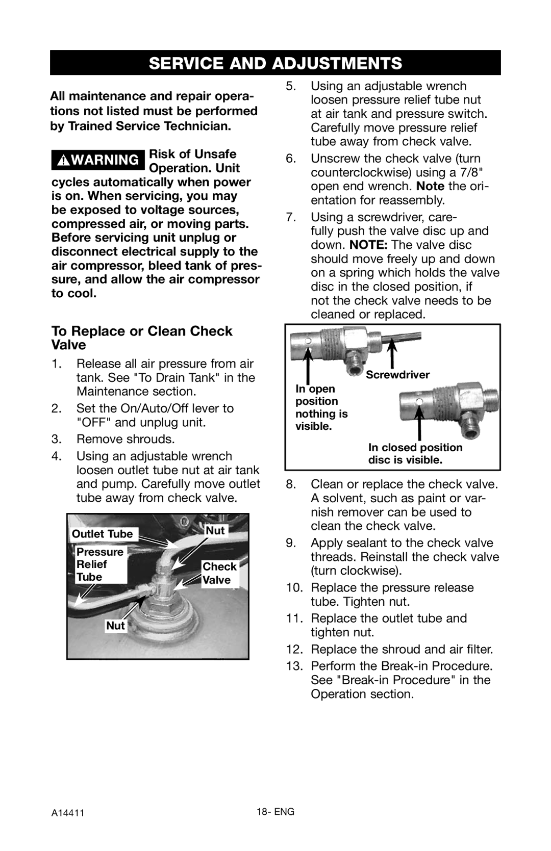 Craftsman 919.724321 owner manual Service and Adjustments, To Replace or Clean Check Valve, Outlet Tube Nut Pressure Relief 