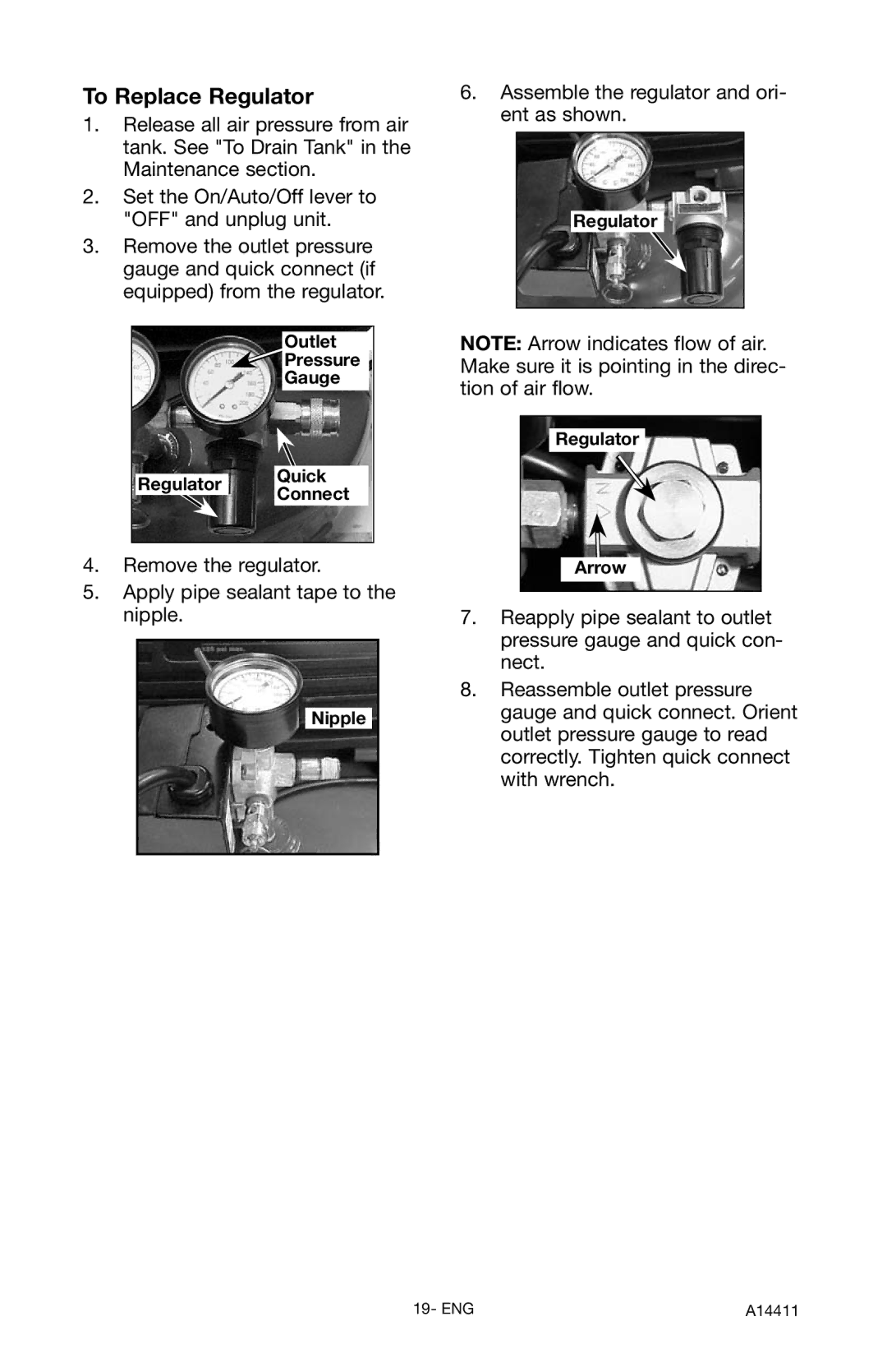 Craftsman 919.724321 owner manual To Replace Regulator, Regulator Quick Connect, Nipple, Regulator Arrow 