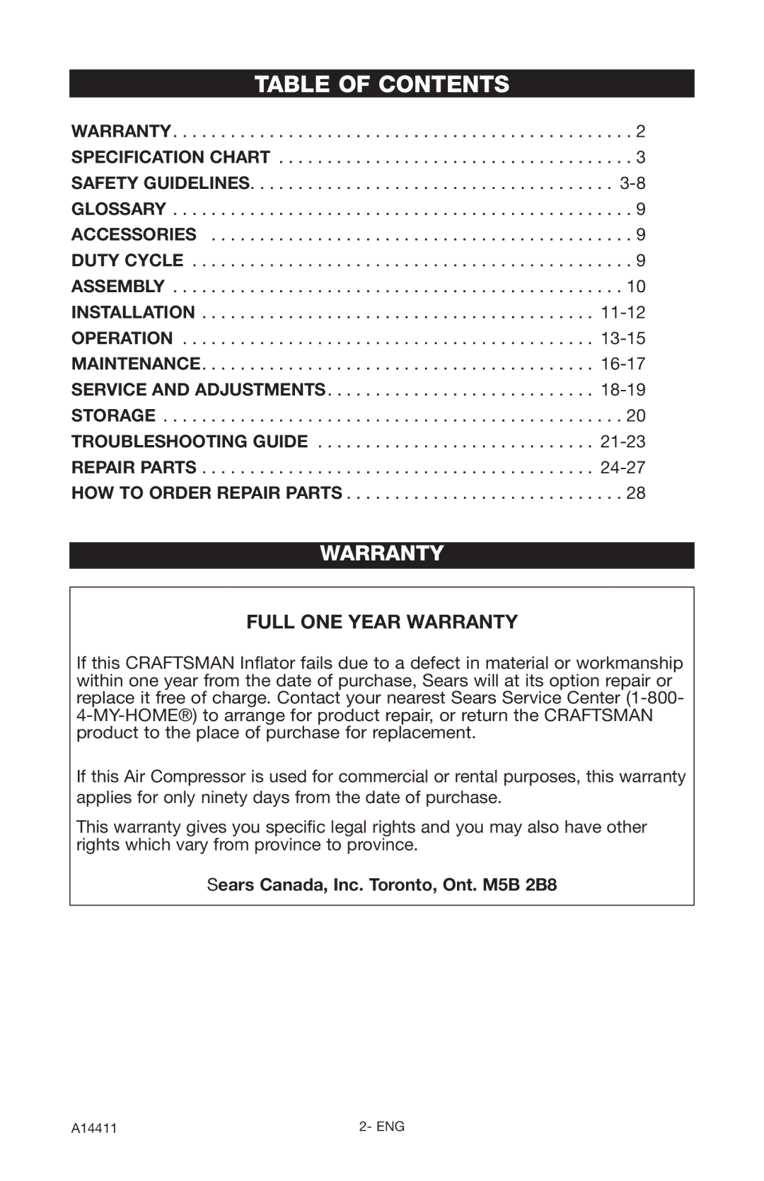 Craftsman 919.724321 owner manual Table of Contents 