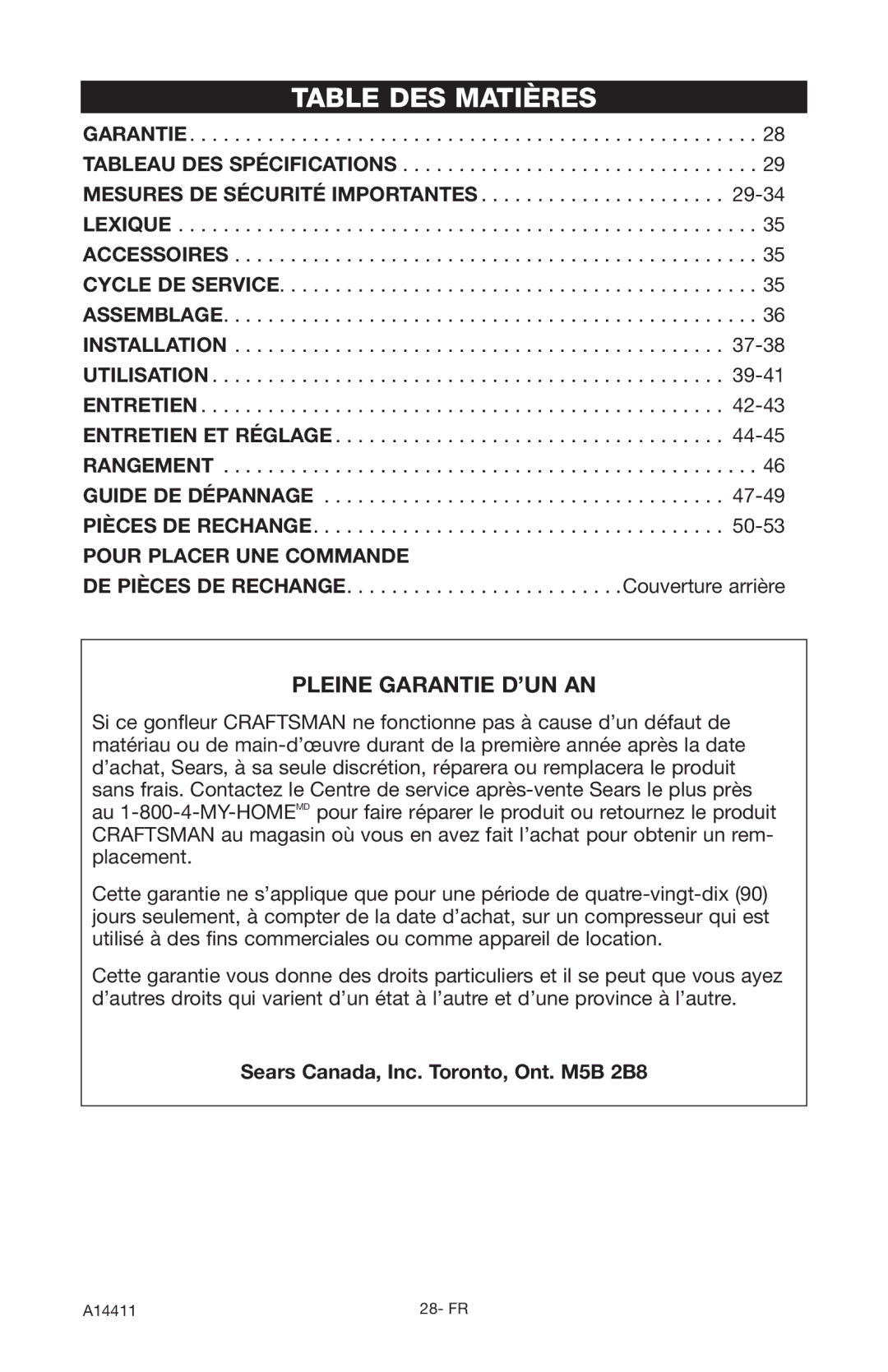 Craftsman 919.724321 owner manual Table DES Matières, Pleine Garantie D’UN AN 