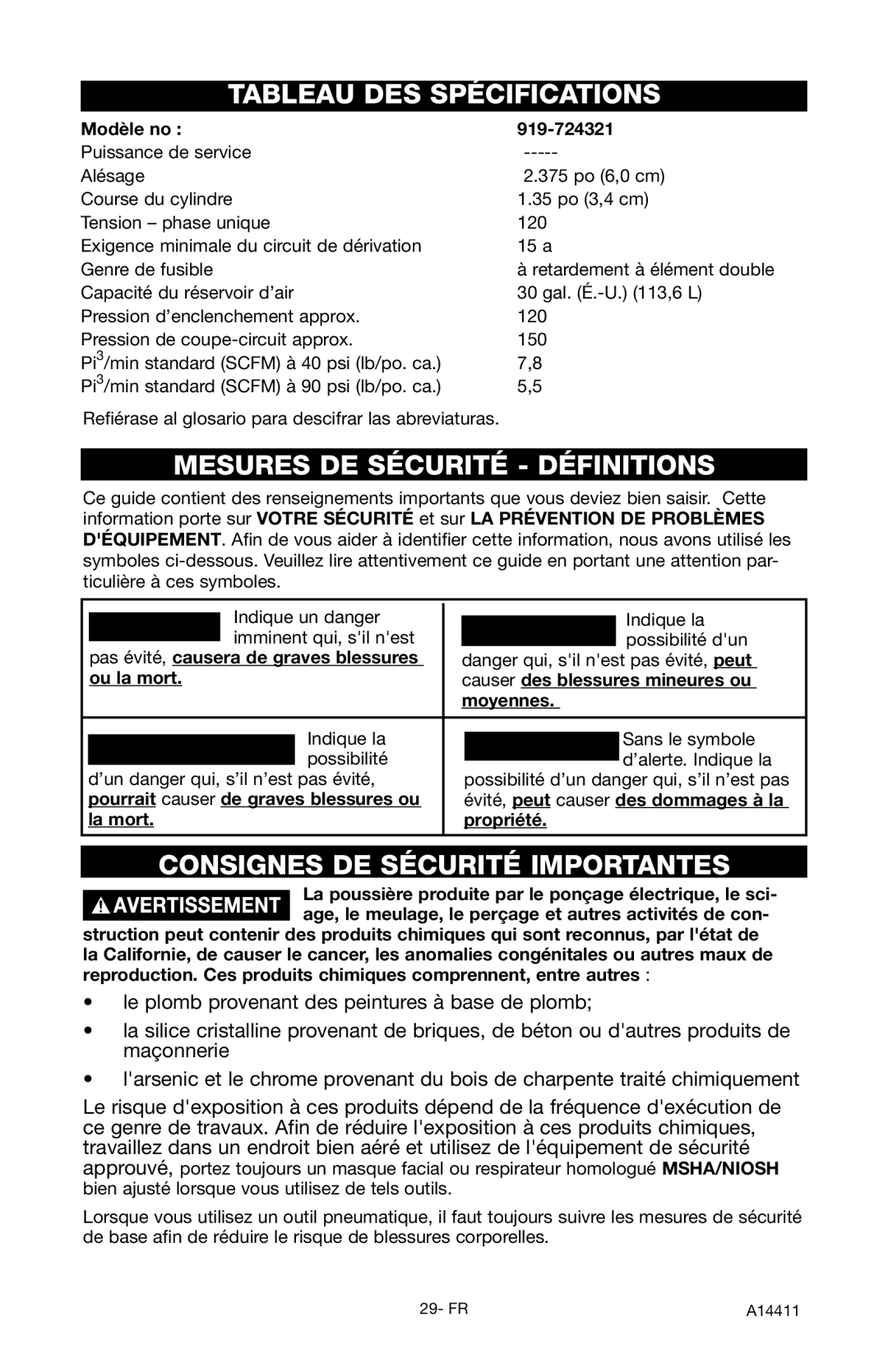 Craftsman 919.724321 Tableau DES Spécifications, Mesures DE Sécurité Définitions, Consignes DE Sécurité Importantes 