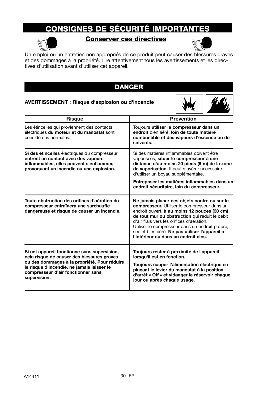 Craftsman 919.724321 owner manual Conserver ces directives, Avertissement Risque dexplosion ou dincendie Prévention 