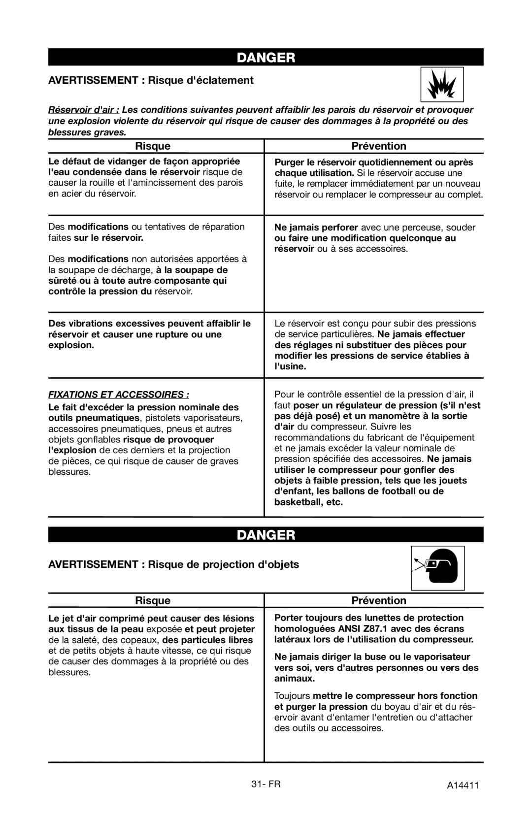 Craftsman 919.724321 Avertissement Risque déclatement, Risque Prévention, Avertissement Risque de projection dobjets 