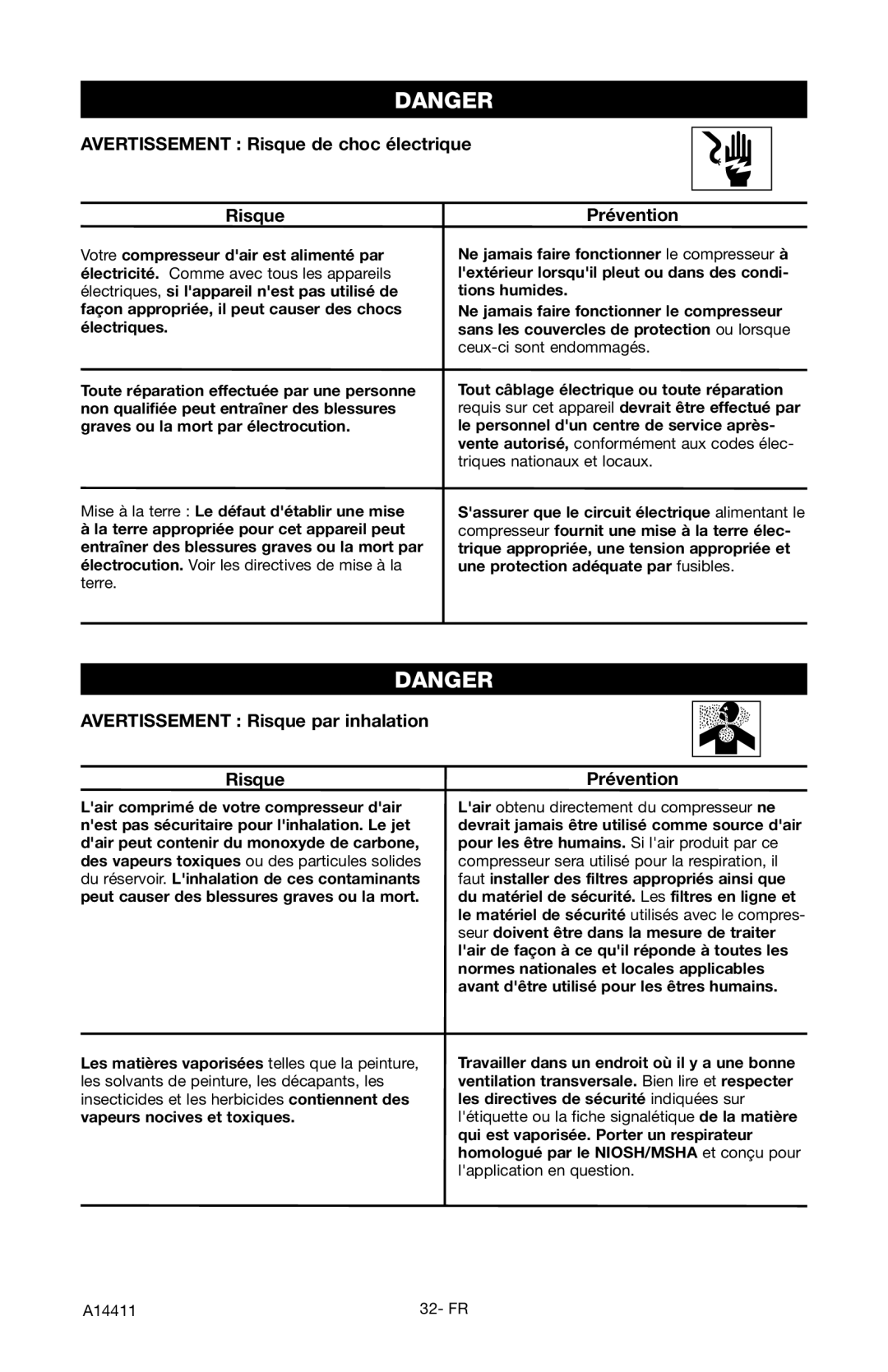 Craftsman 919.724321 owner manual Avertissement Risque de choc électrique, Avertissement Risque par inhalation 