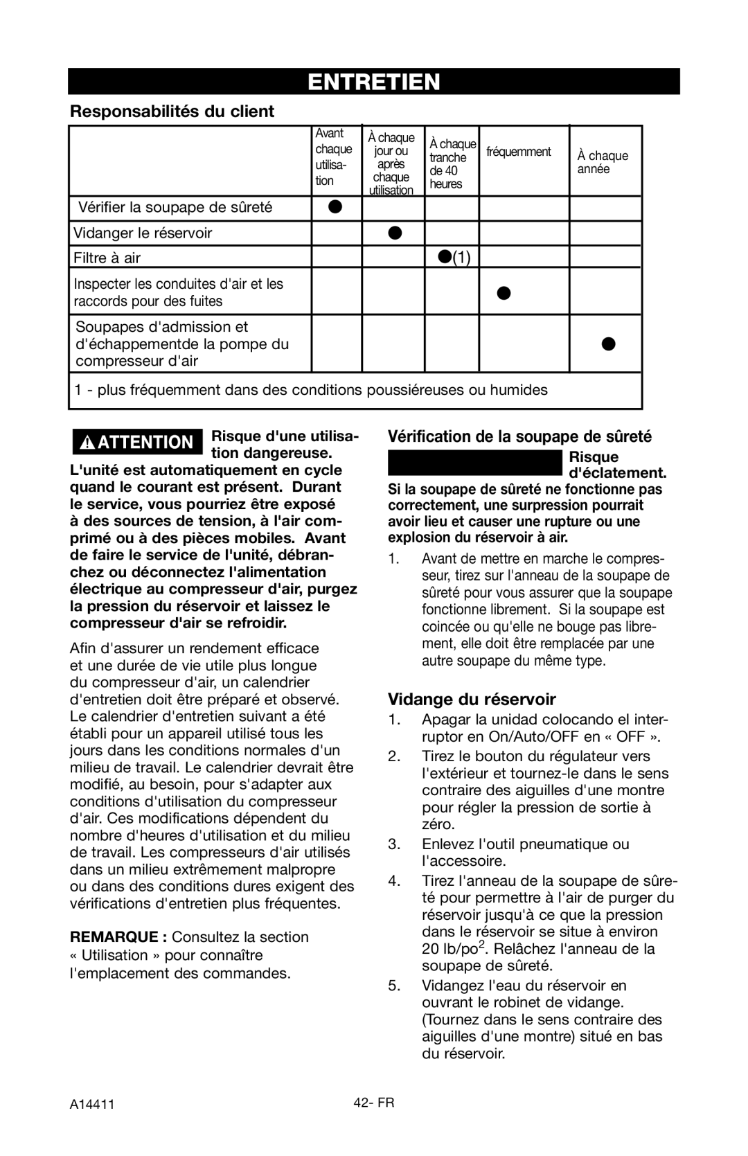 Craftsman 919.724321 Entretien, Responsabilités du client, Vérification de la soupape de sûreté, Vidange du réservoir 