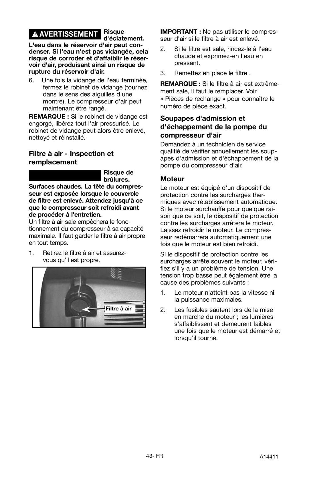 Craftsman 919.724321 owner manual Filtre à air Inspection et remplacement, Moteur, Risque de brûlures 