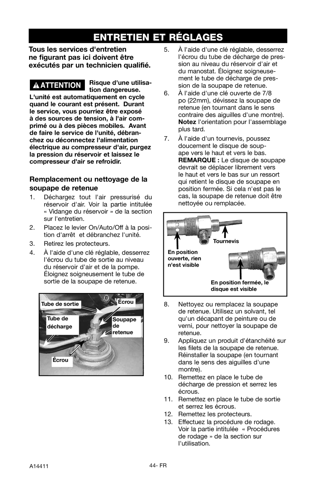 Craftsman 919.724321 owner manual Entretien ET Réglages, Remplacement ou nettoyage de la soupape de retenue 