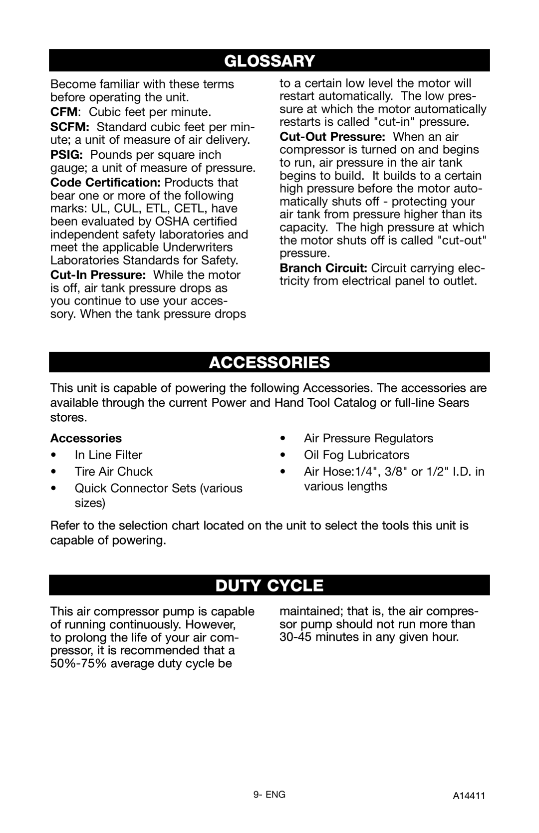 Craftsman 919.724321 owner manual Glossary, Accessories, Duty Cycle 