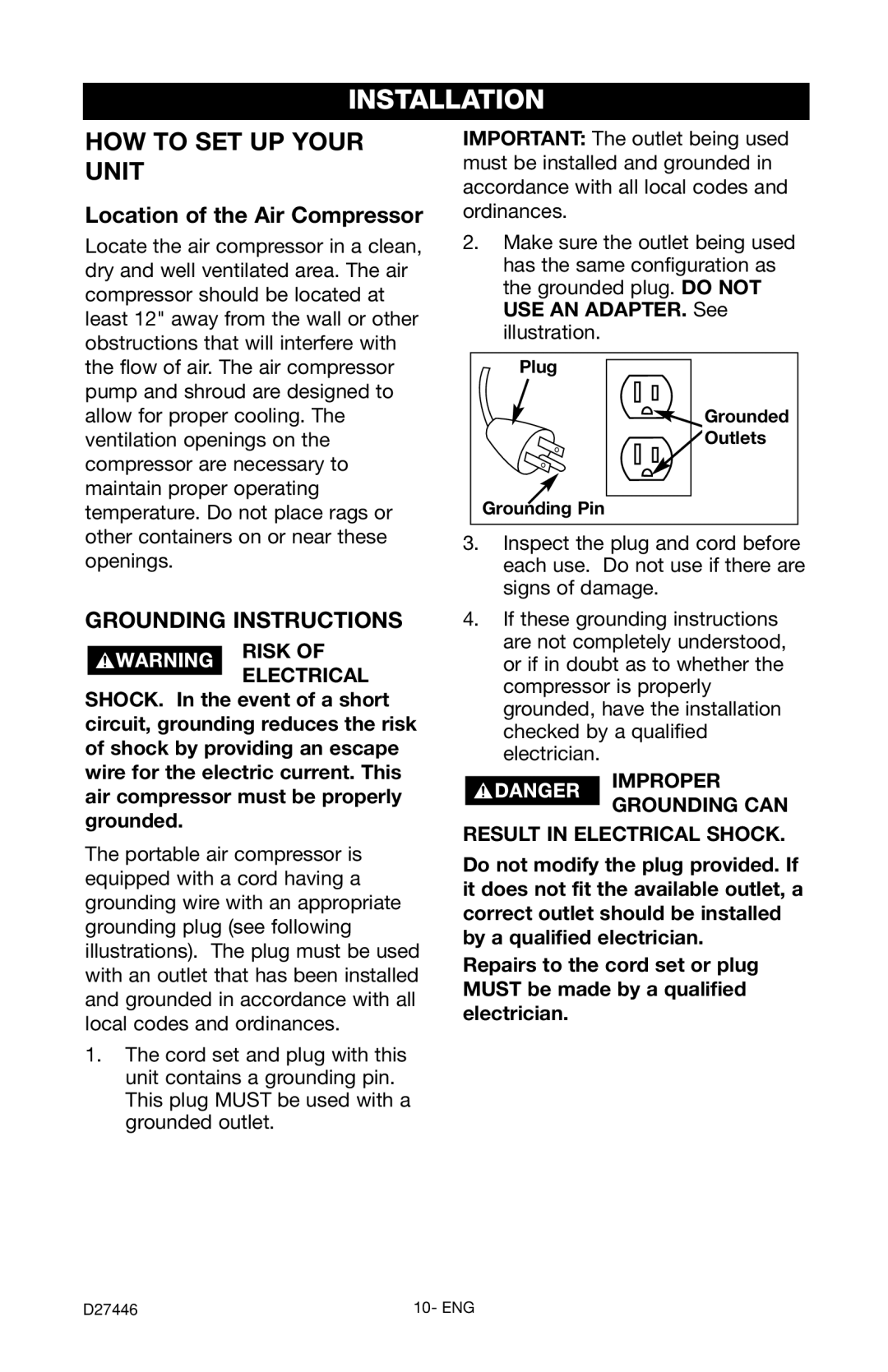 Craftsman 919.724572 Installation, Location of the Air Compressor, Risk of Electrical, Plug Grounded Outlets Grounding Pin 