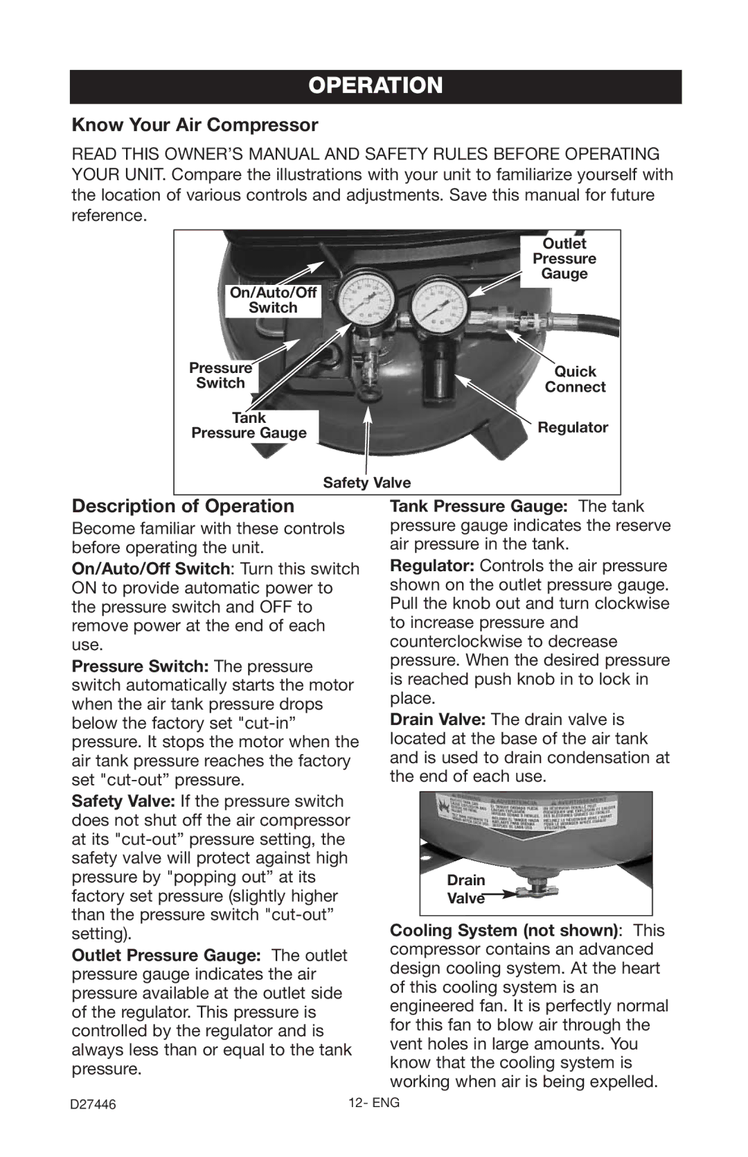 Craftsman 919.724572 owner manual Know Your Air Compressor, Description of Operation 