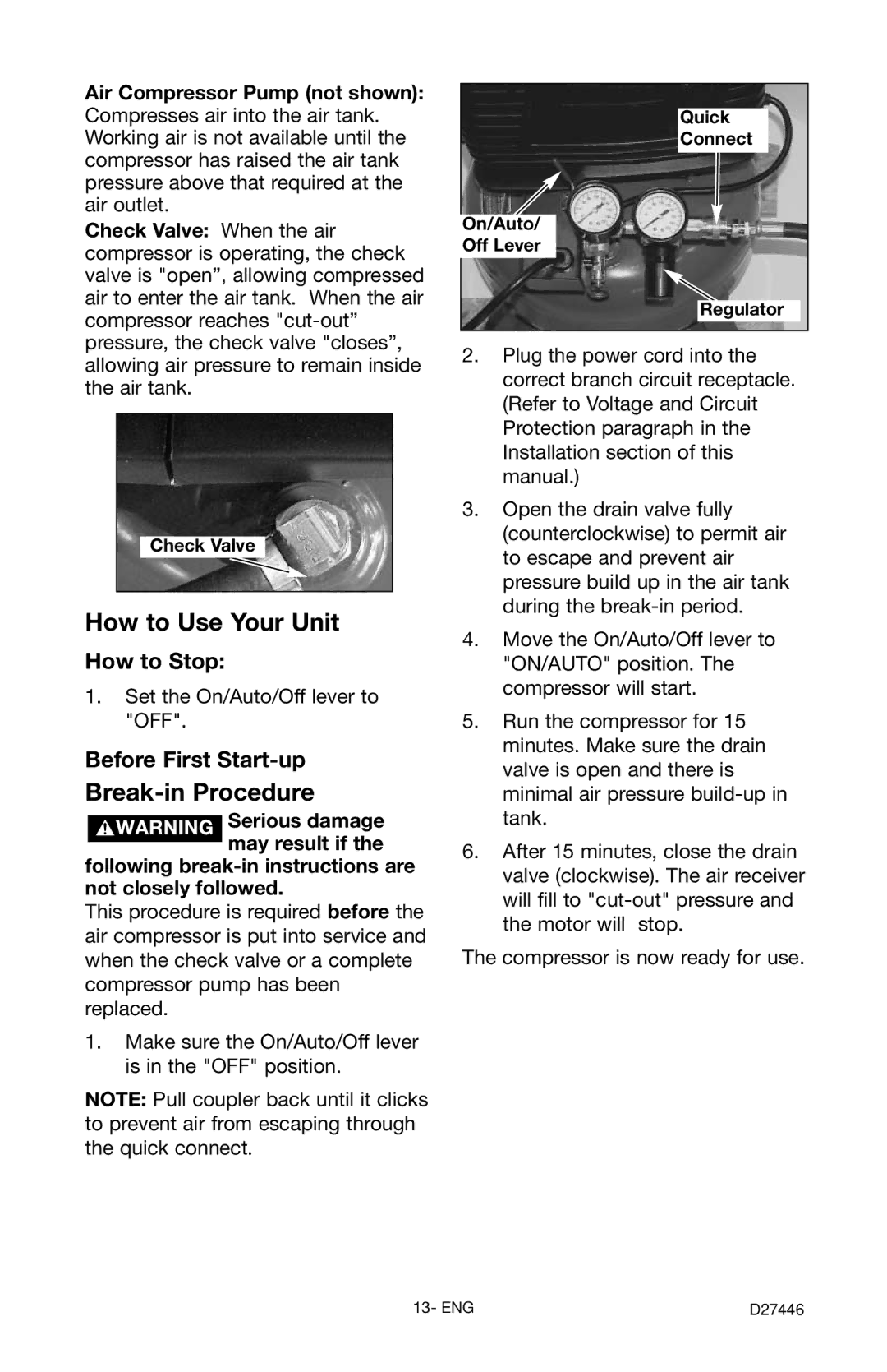 Craftsman 919.724572 How to Stop, Before First Start-up, Check Valve, Quick Connect On/Auto Off Lever Regulator 