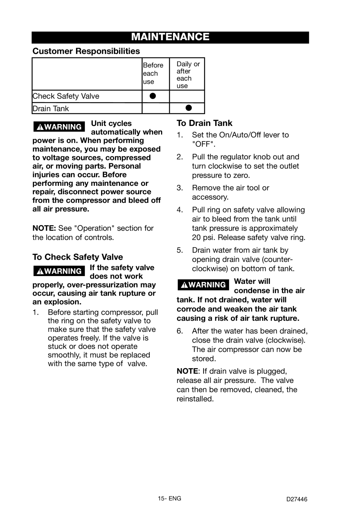 Craftsman 919.724572 owner manual Maintenance, Customer Responsibilities, To Check Safety Valve, To Drain Tank 