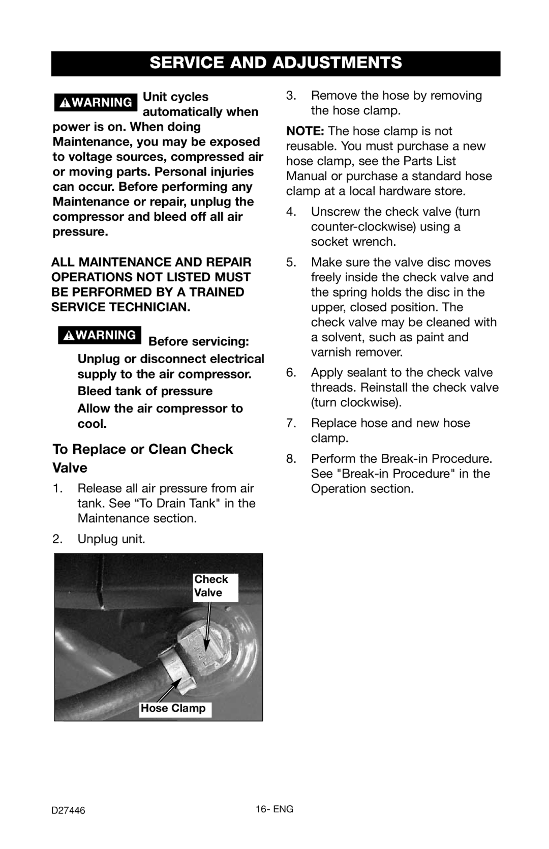 Craftsman 919.724572 owner manual Service and Adjustments, To Replace or Clean Check Valve, Hose Clamp 