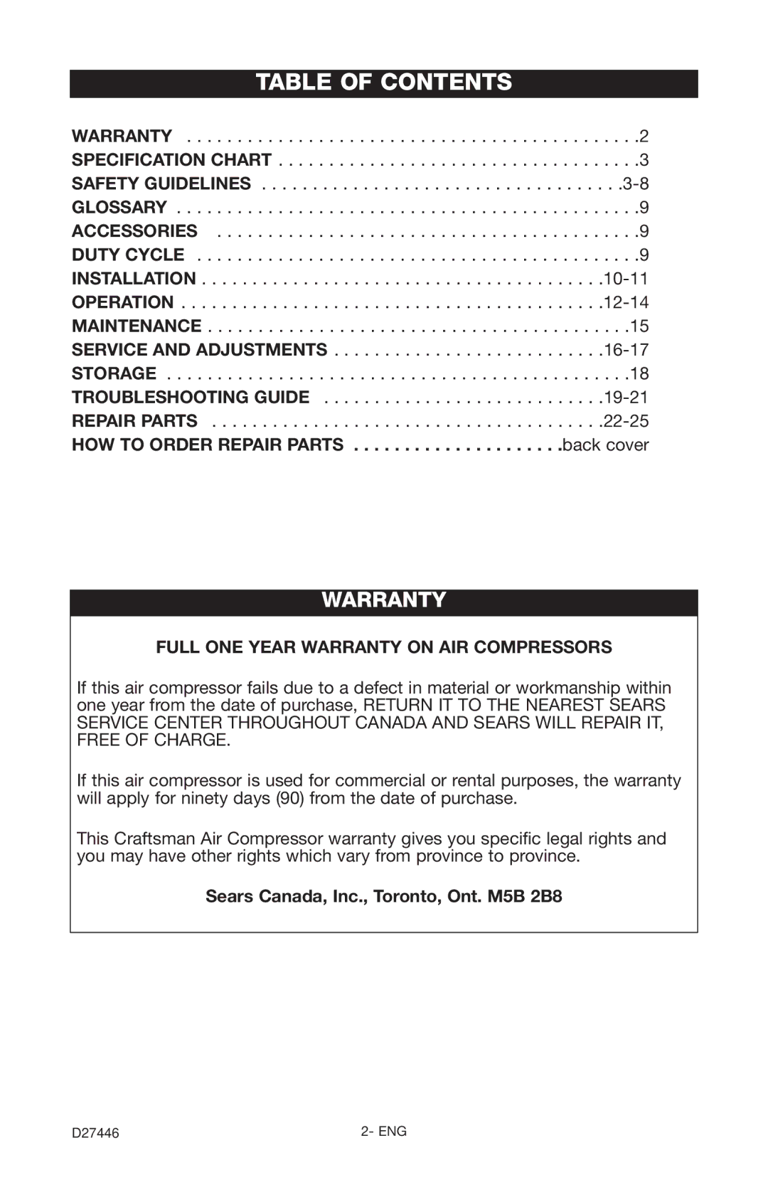 Craftsman 919.724572 owner manual Table of Contents 