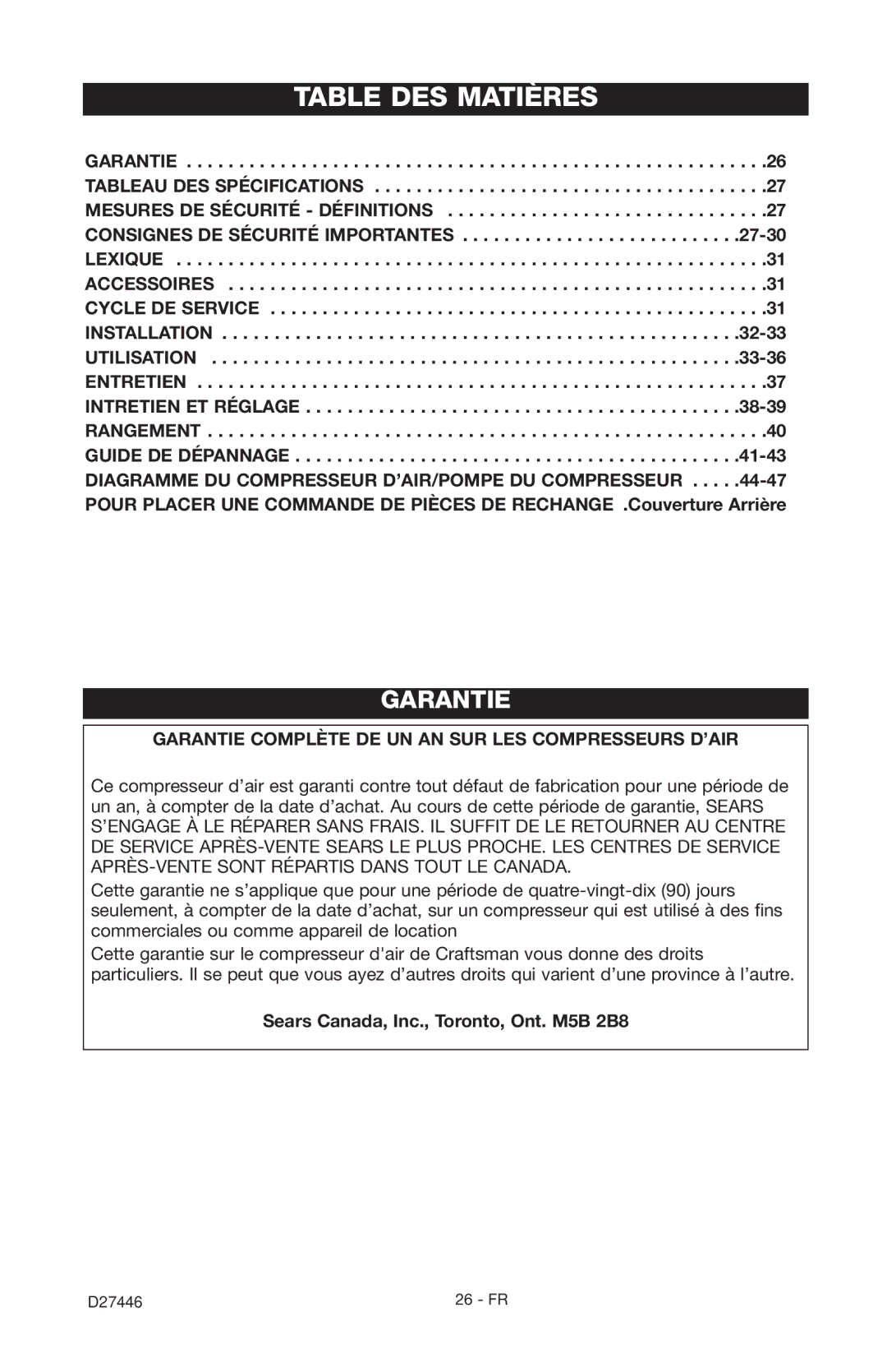 Craftsman 919.724572 owner manual Table DES Matières, Sears Canada, Inc., Toronto, Ont. M5B 2B8 