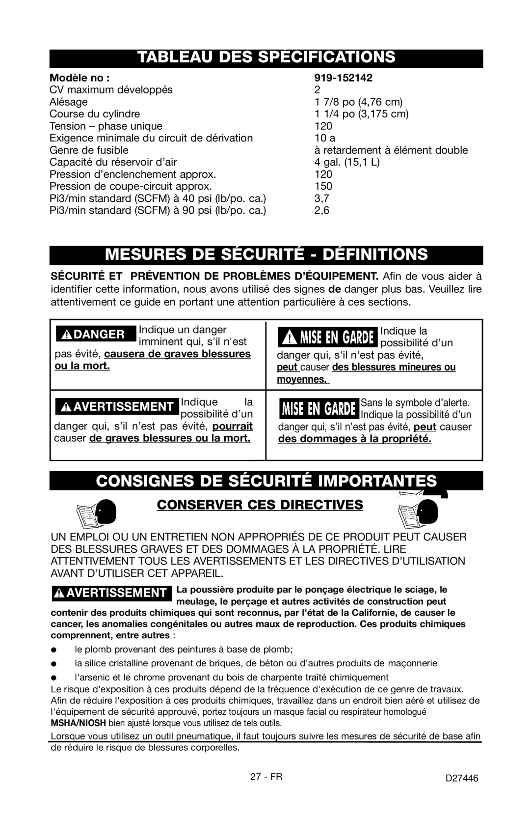 Craftsman 919.724572 Tableau DES Spécifications, Mesures DE Sécurité Définitions, Consignes DE Sécurité Importantes 