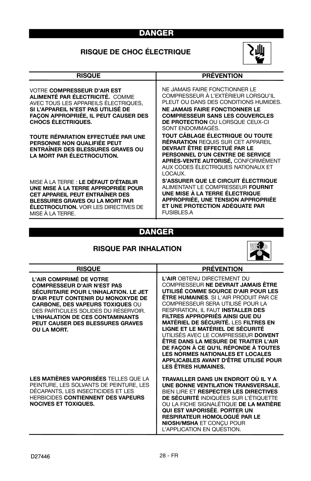 Craftsman 919.724572 owner manual Risque DE Choc Électrique, Risque PAR Inhalation 