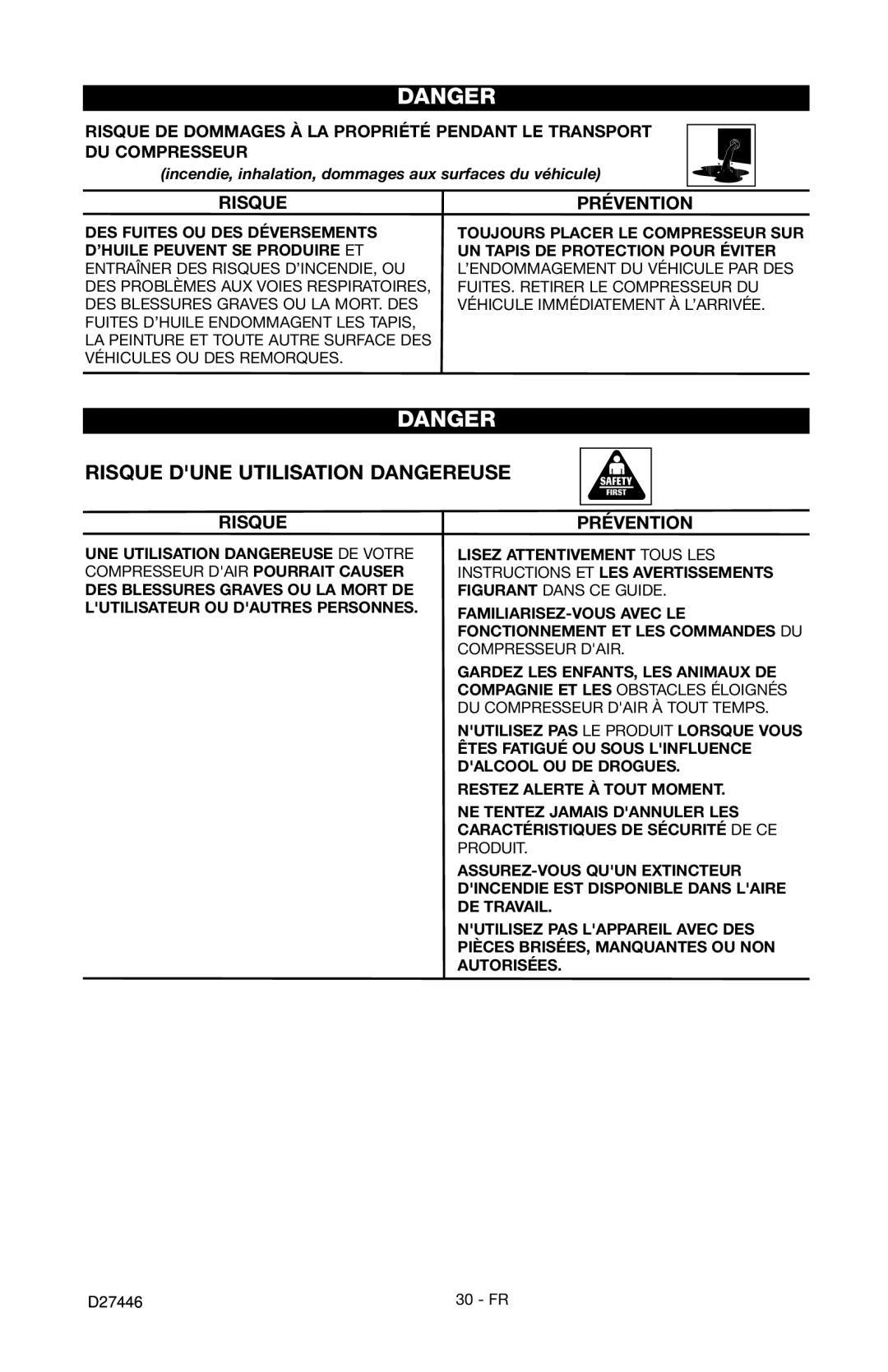 Craftsman 919.724572 owner manual Risque Dune Utilisation Dangereuse 