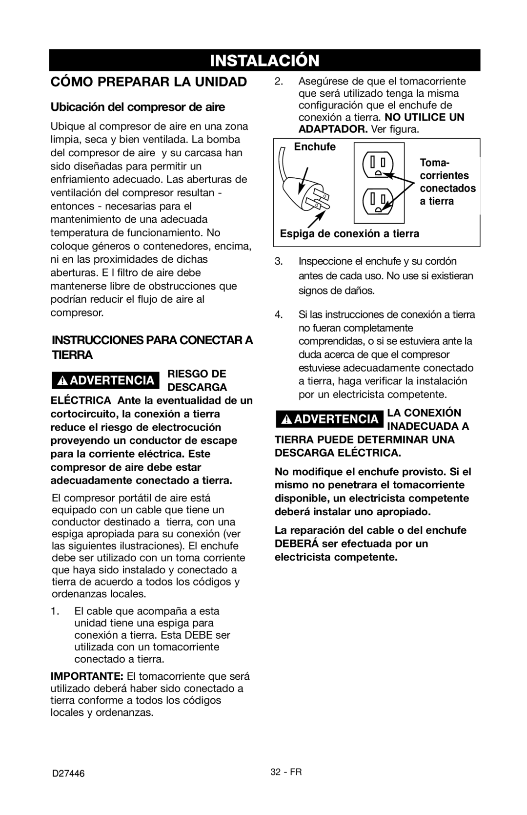 Craftsman 919.724572 Instalación, Ubicación del compresor de aire, Instrucciones Para Conectar a Tierra, Enchufe 