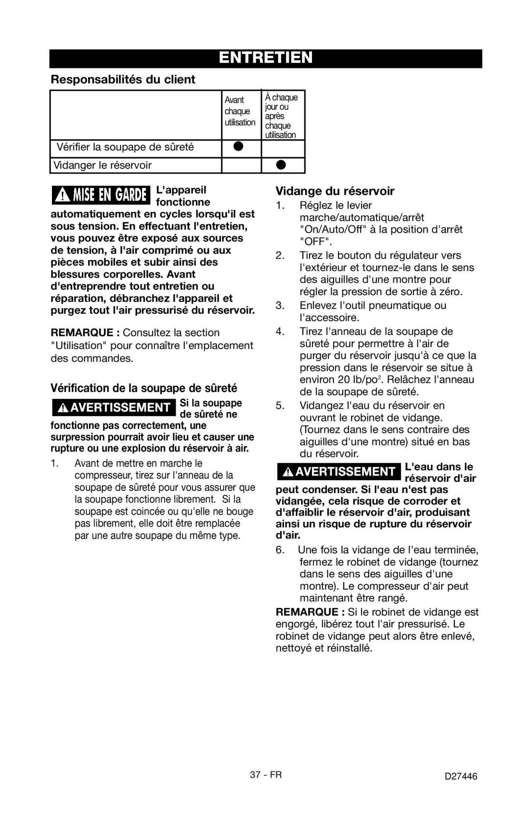 Craftsman 919.724572 Entretien, Responsabilités du client, Vérification de la soupape de sûreté, Vidange du réservoir 