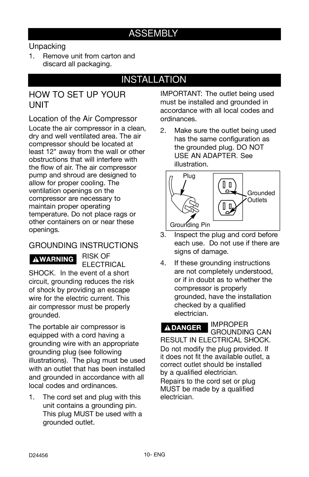 Craftsman 919.72458 owner manual Assembly, Installation, Unpacking, Location of the Air Compressor 