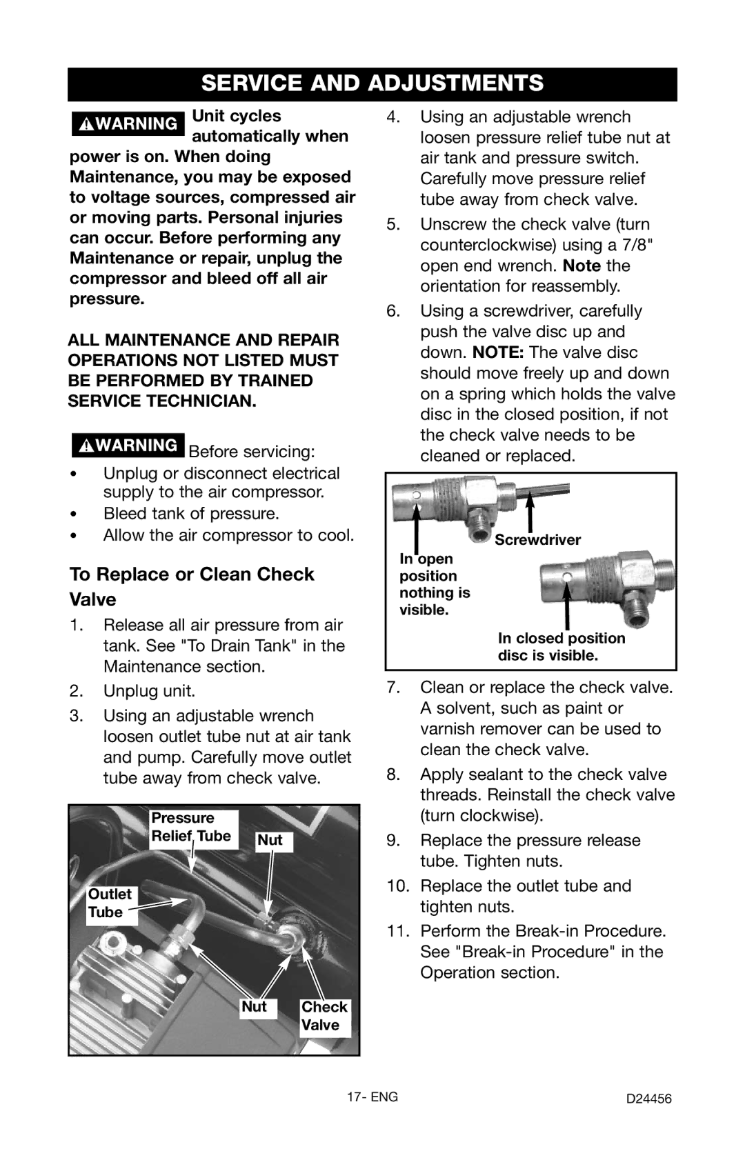 Craftsman 919.72458 Service and Adjustments, To Replace or Clean Check Valve, Screwdriver Open position nothing is visible 