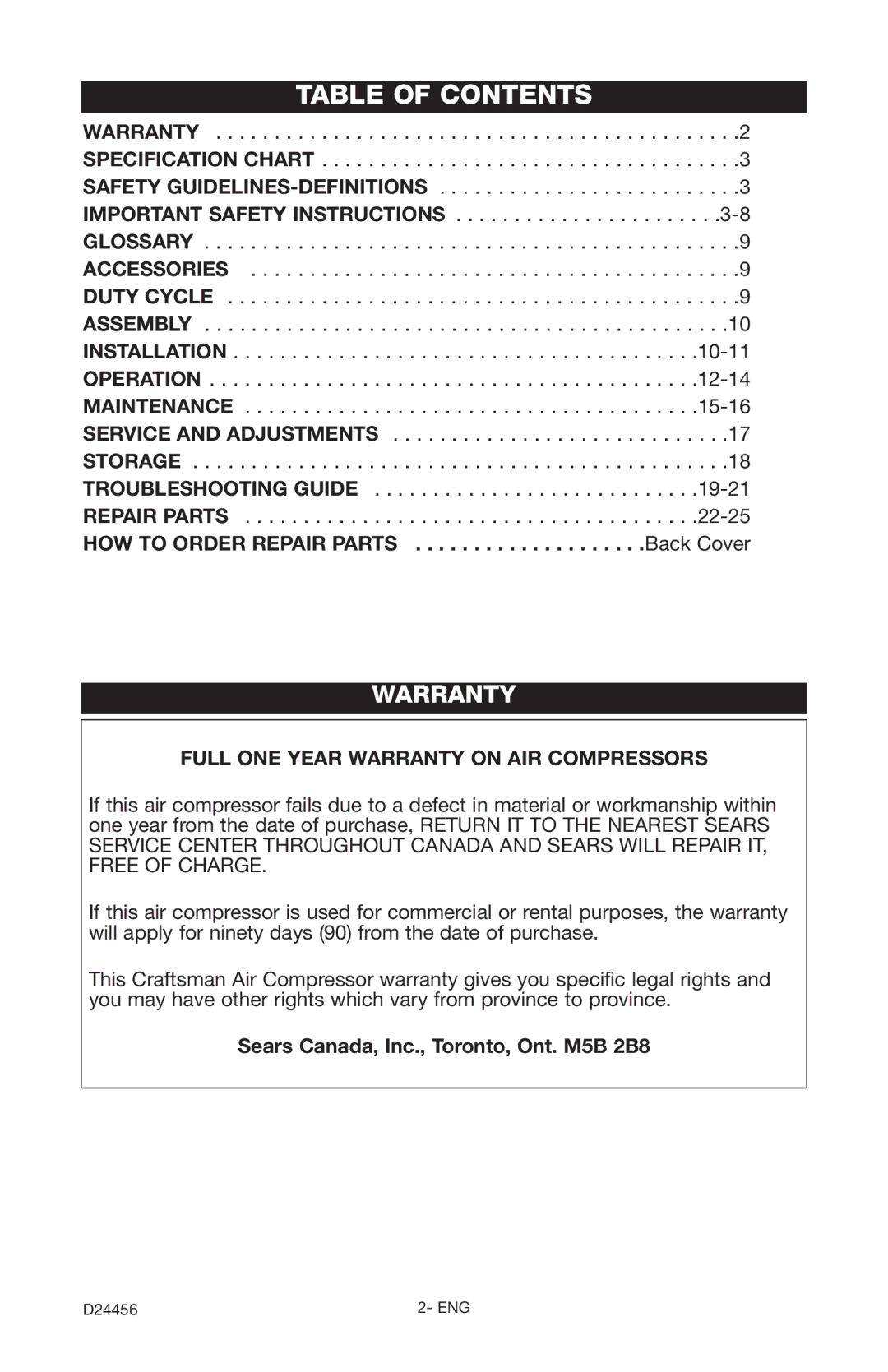 Craftsman 919.72458 owner manual Table of Contents 