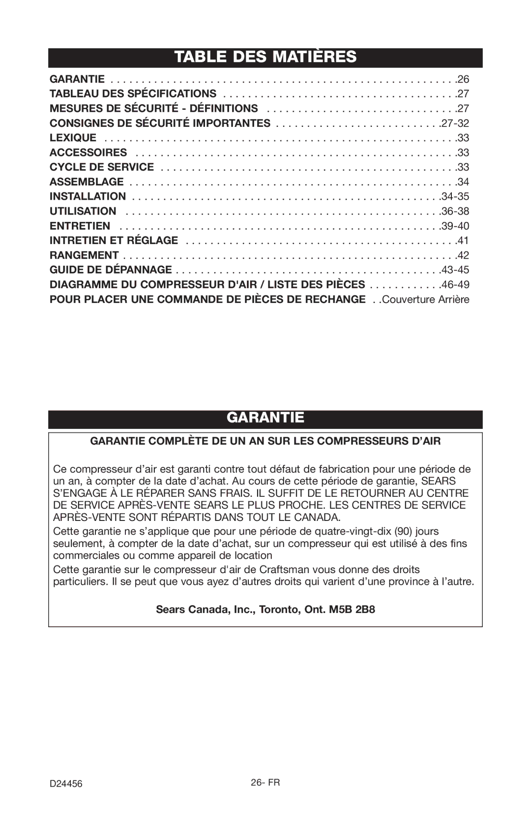 Craftsman 919.72458 owner manual Table DES Matières, Sears Canada, Inc., Toronto, Ont. M5B 2B8 