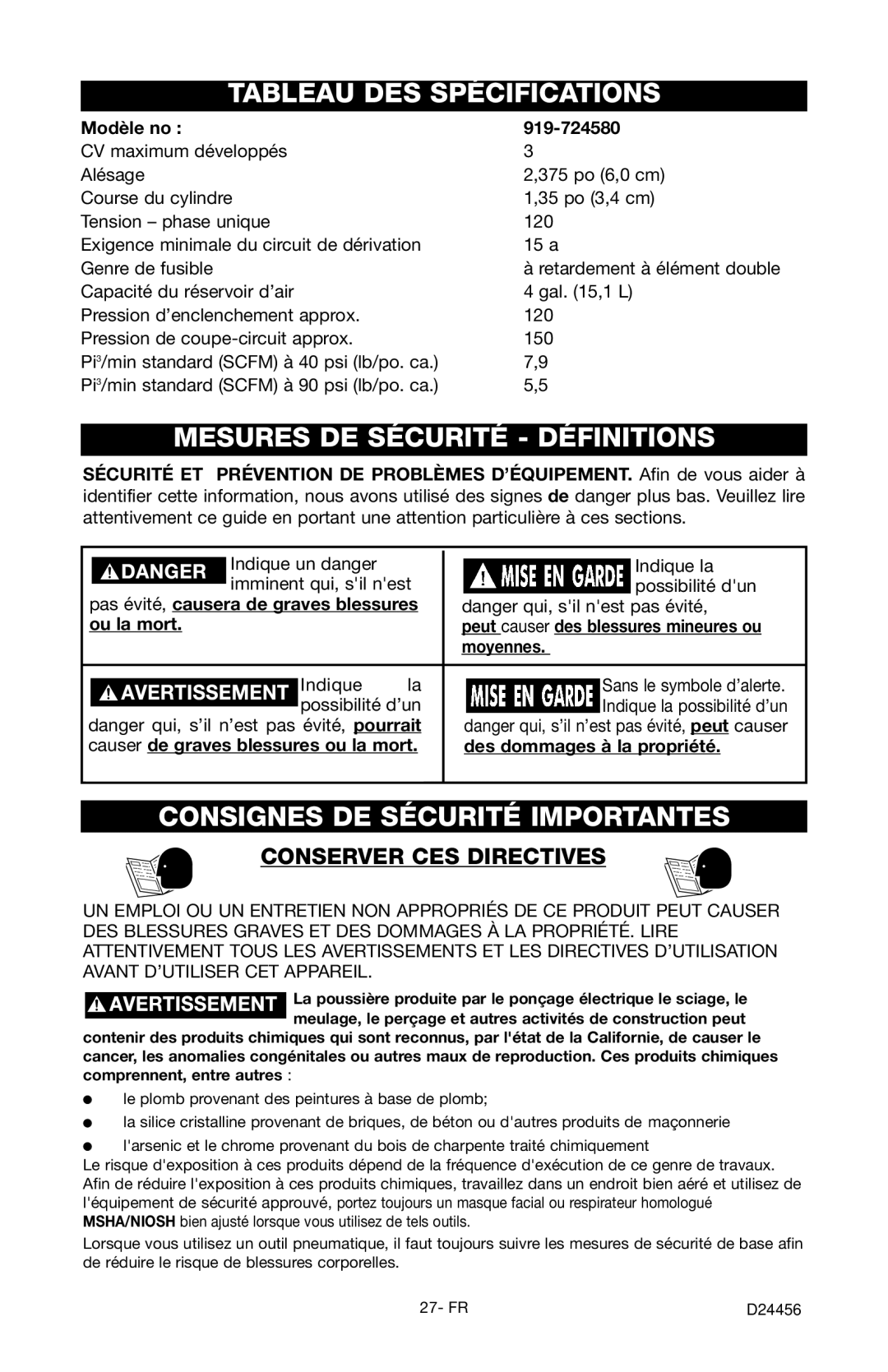 Craftsman 919.72458 Tableau DES Spécifications, Mesures DE Sécurité Définitions, Consignes DE Sécurité Importantes 