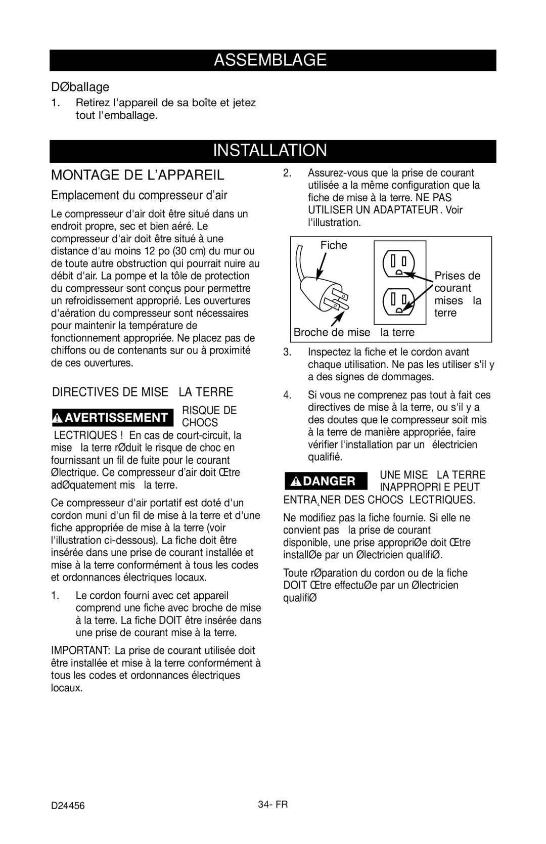 Craftsman 919.72458 owner manual Assemblage, Déballage, Emplacement du compresseur dair, Directives DE Mise À LA Terre 