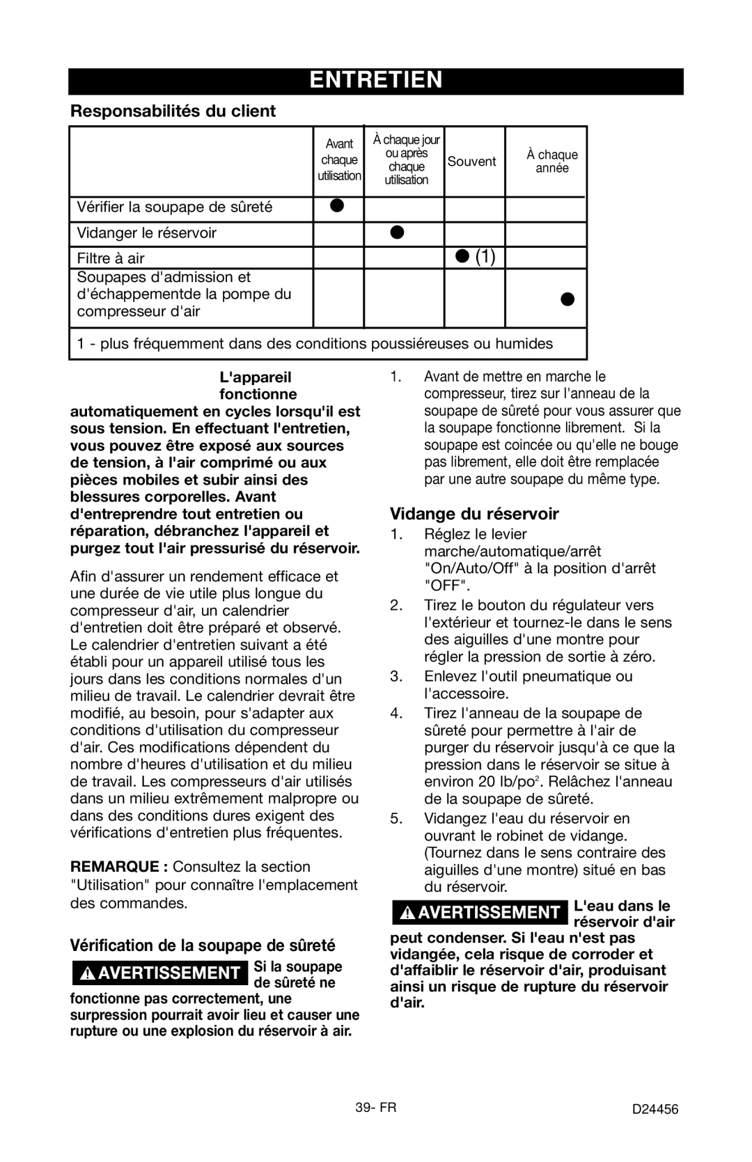 Craftsman 919.72458 Entretien, Responsabilités du client, Vérification de la soupape de sûreté, Vidange du réservoir 