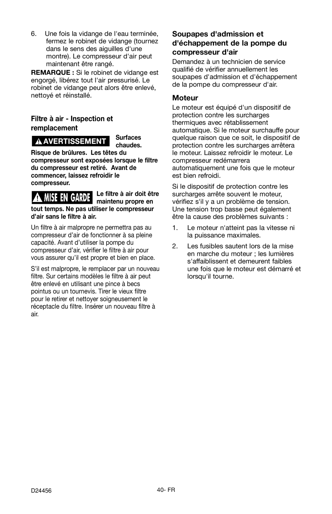 Craftsman 919.72458 owner manual Filtre à air Inspection et remplacement, Moteur 