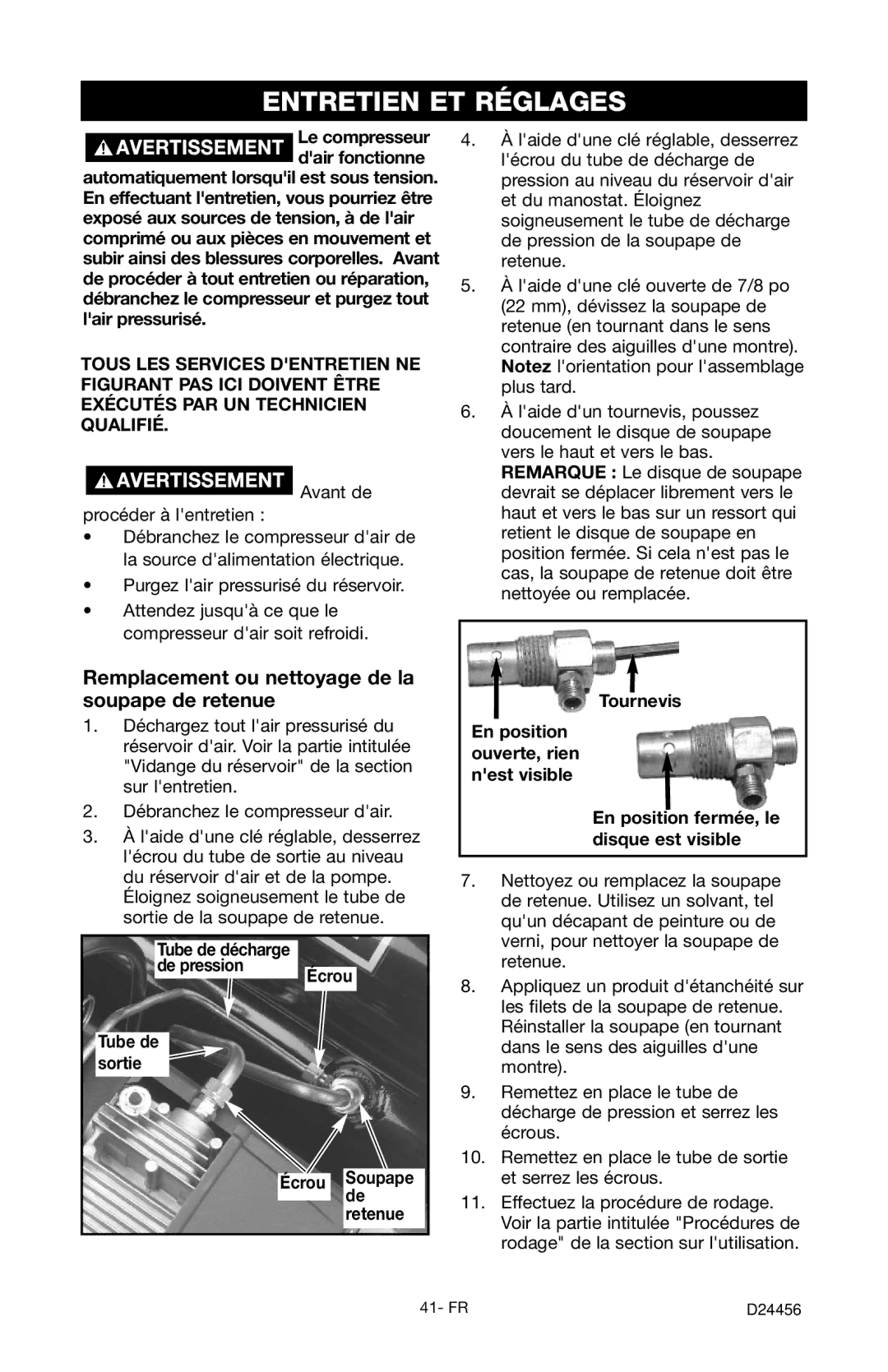 Craftsman 919.72458 owner manual Entretien ET Réglages, Remplacement ou nettoyage de la soupape de retenue, Tournevis 