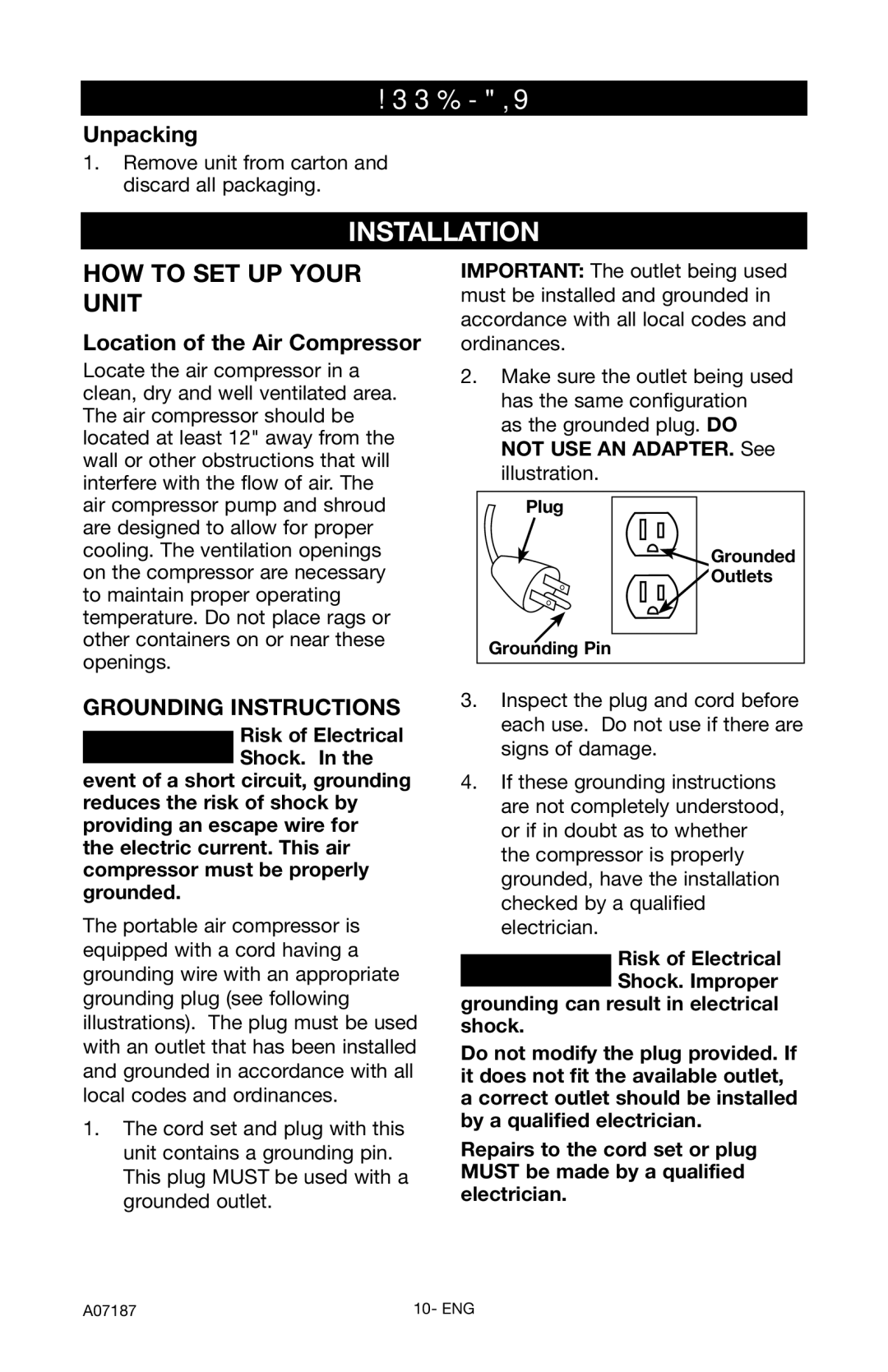 Craftsman 919.724582 owner manual Assembly, Installation, Unpacking, Location of the Air Compressor 