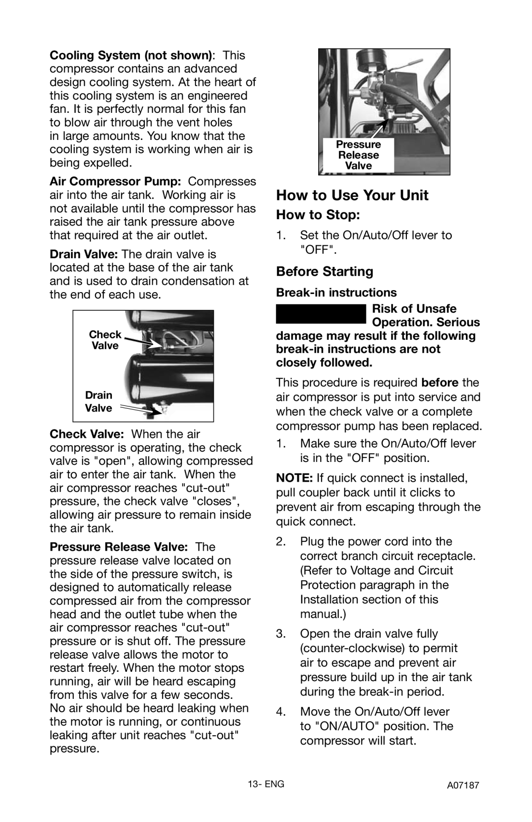 Craftsman 919.724582 owner manual How to Stop, Before Starting, Check Valve Drain, Pressure Release Valve 