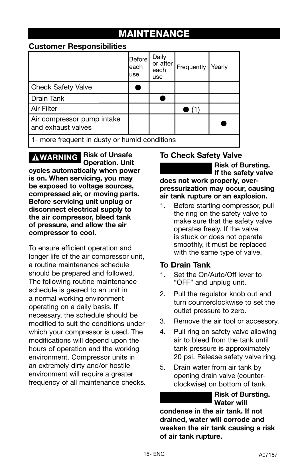 Craftsman 919.724582 owner manual Maintenance, Customer Responsibilities, To Check Safety Valve, To Drain Tank 