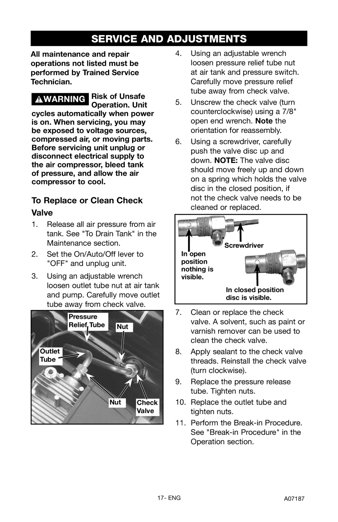 Craftsman 919.724582 owner manual Service and Adjustments, To Replace or Clean Check Valve, Pressure Relief Tube Nut Outlet 